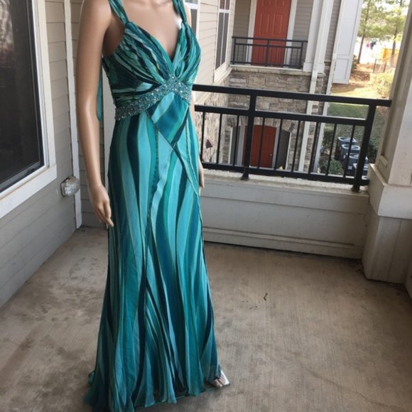 Nina Austin 100% Silk Floor-Length Evening Gown - Blue Green - Size S - Picture 1 of 11